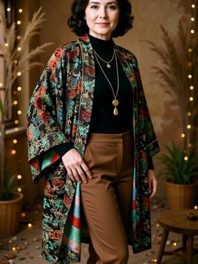 Floral Velvet Kimono Duster in Black with Red & Teal Accents